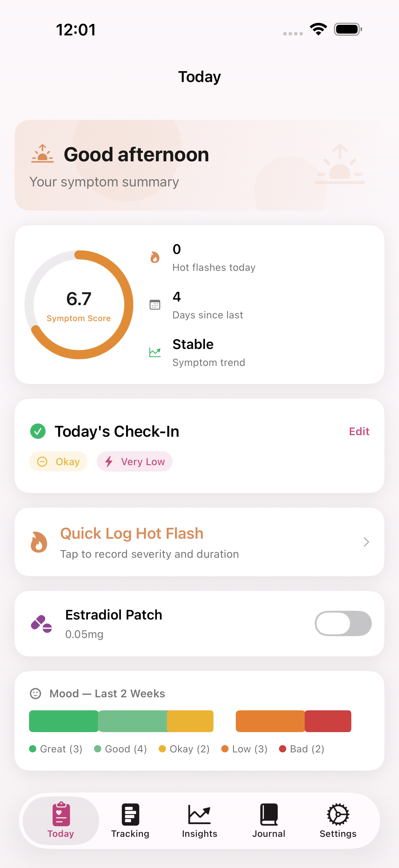 HormoneWise menopause dashboard with symptom burden score