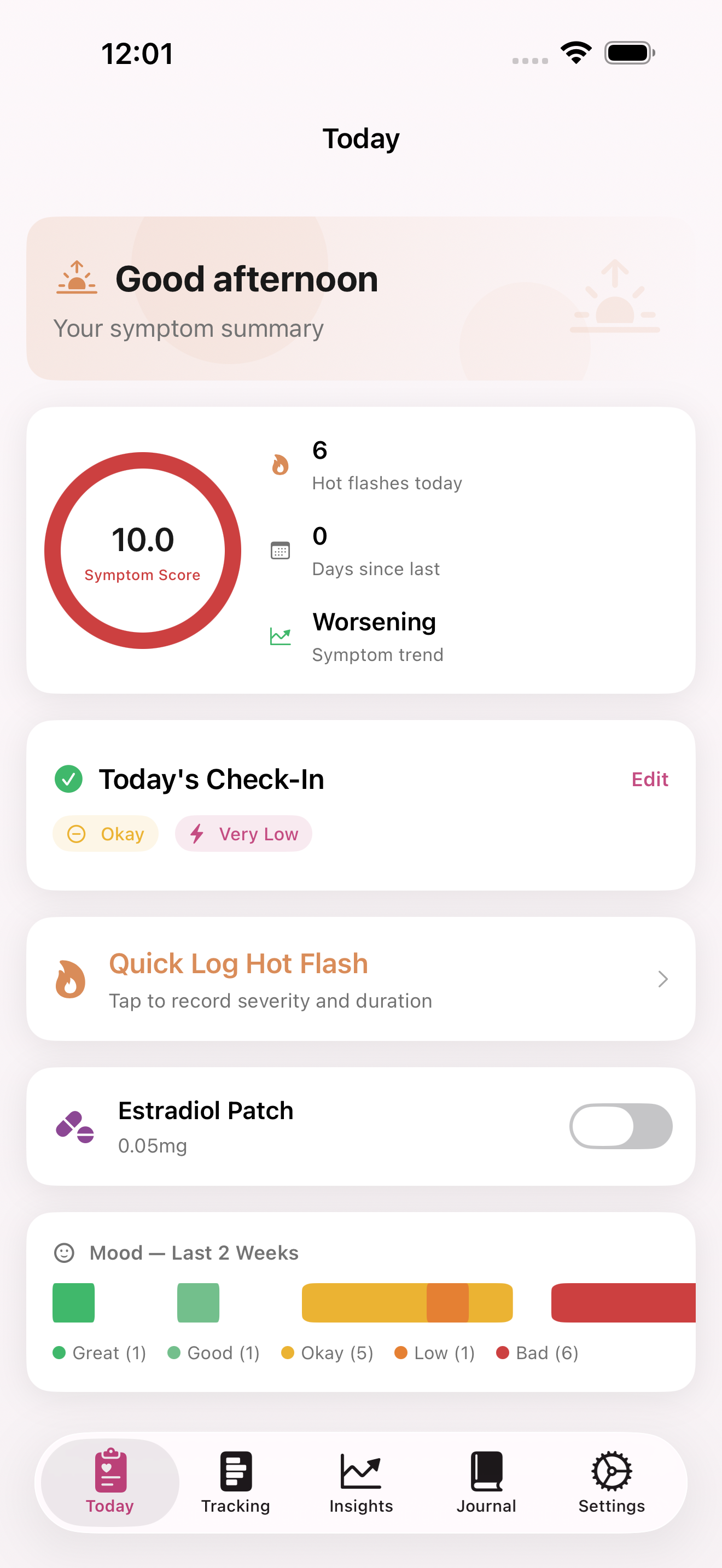 Daily check-in with mood, energy, and symptoms