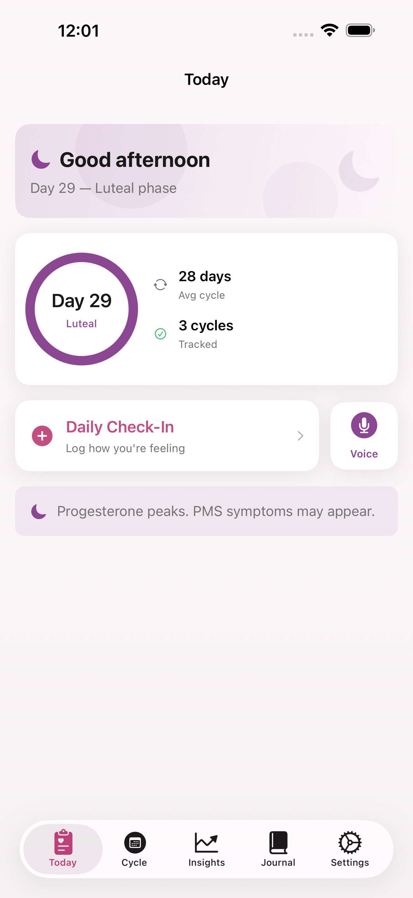 Cycle tracking with phase ring showing Day 29 Luteal