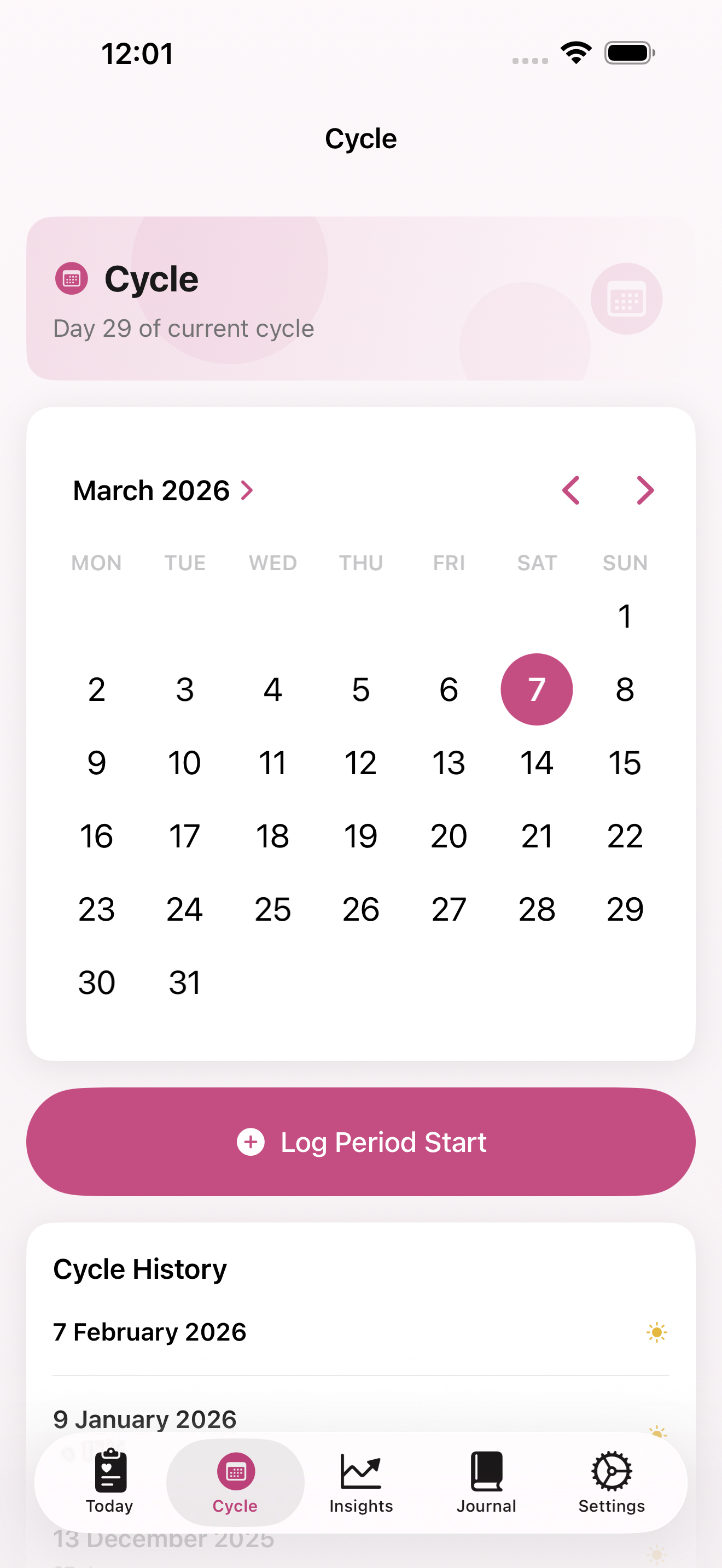 Cycle calendar with period logging